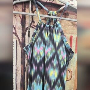 TEHAMA Black Dress with Aqua, Yellow & Pink Striped Accent